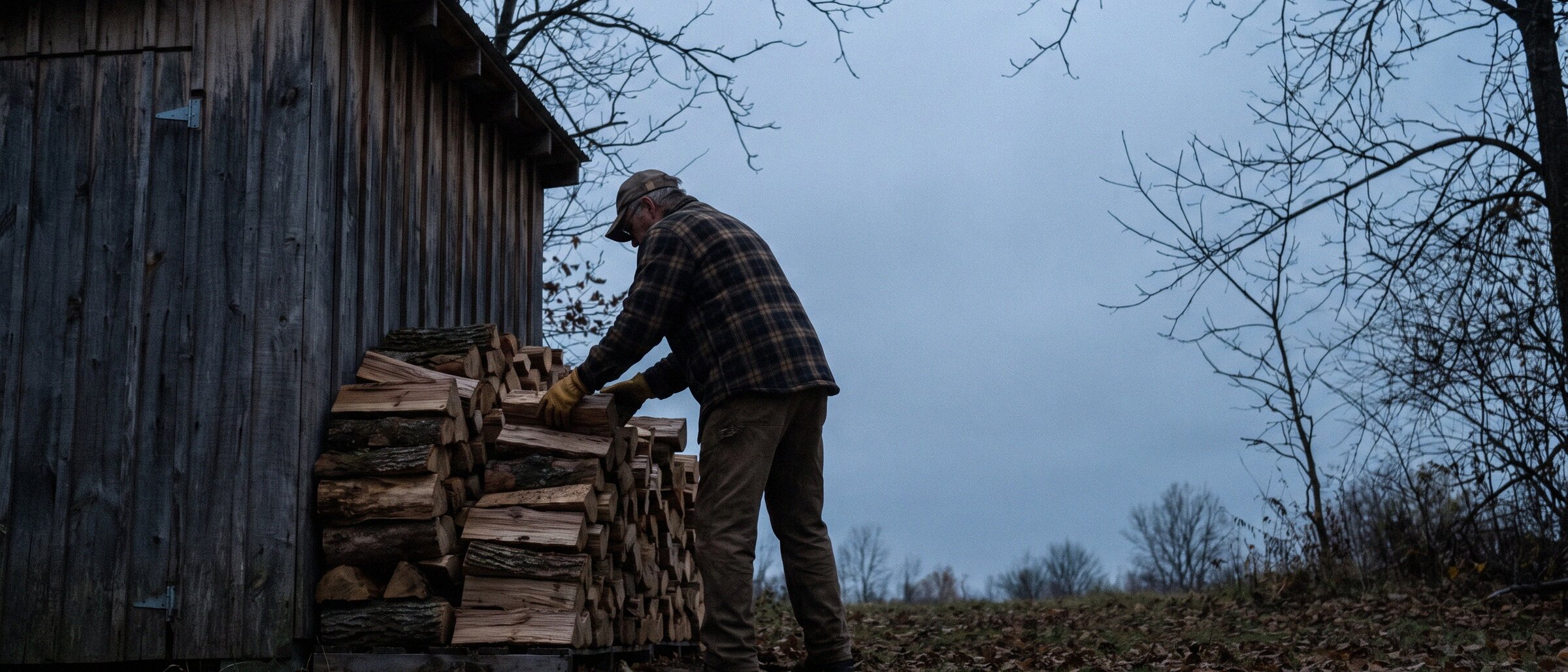 A man stacks split firewood against a weathered shed on a gray afternoon