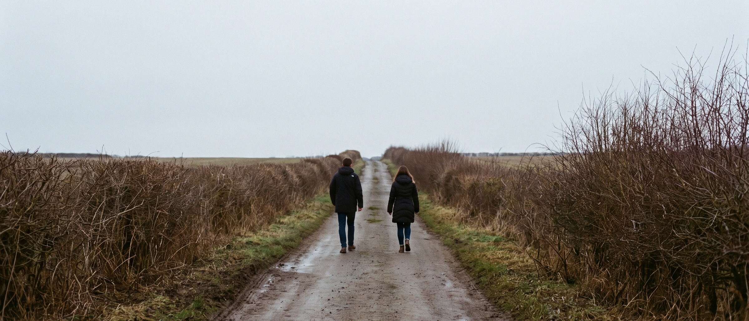 Two people walk together along a country lane between winter hedgerows